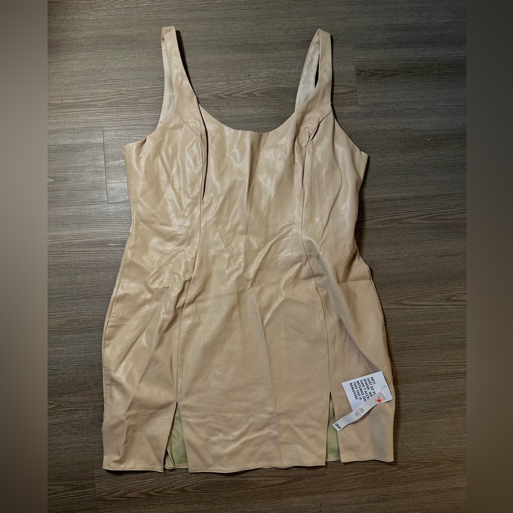 ASOS leather look mini dress, beige, double leg slit detailing, size 14